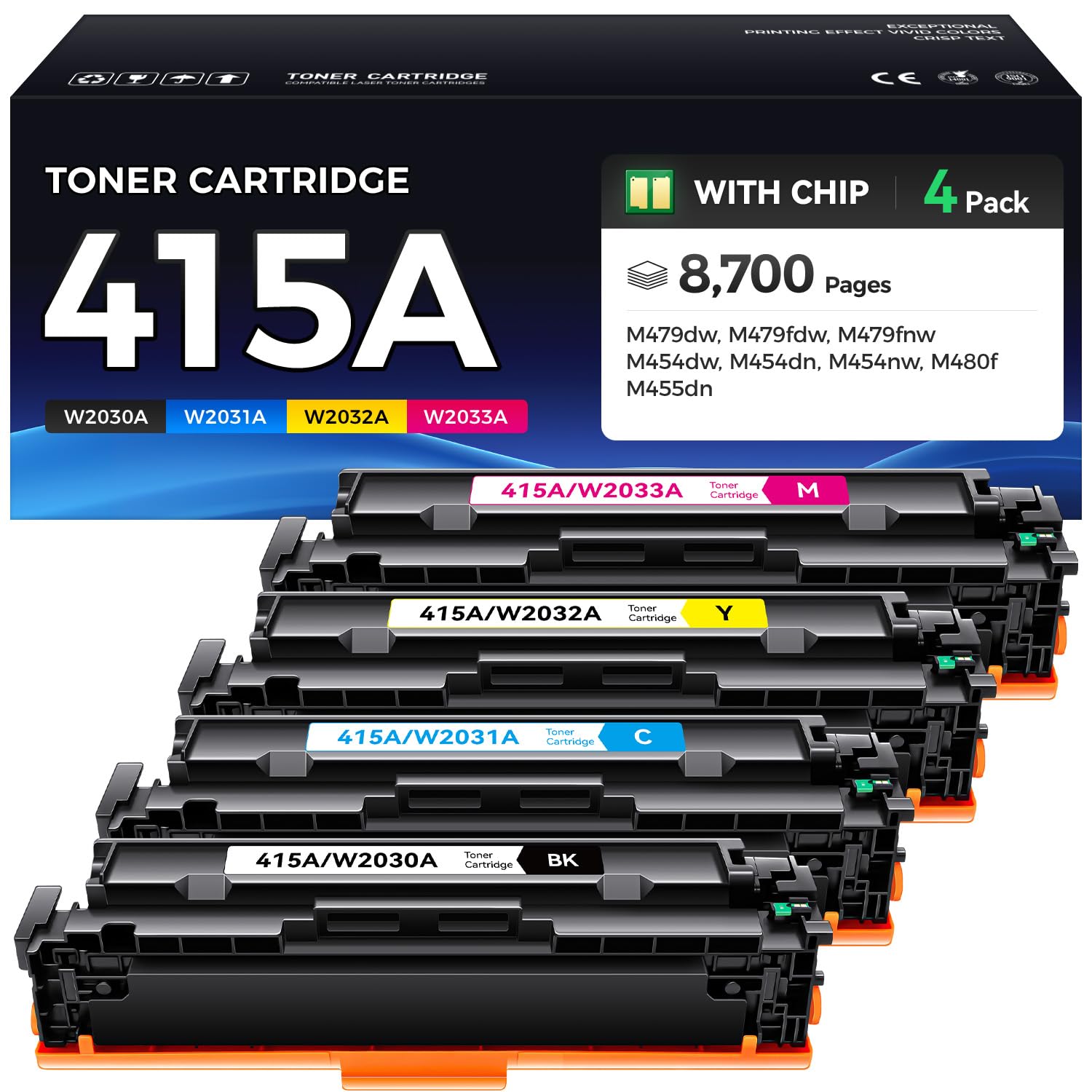 415A Toner Cartridge Set 4-Pack Replacement for HP 415A W2030A W2031A W2032A W2033A Compatible for HP Color Laserjet Pro MFP M479fdw M479fnw M479dw M454dw M454dn M454nw Enterprise M480f M455dn Printer
