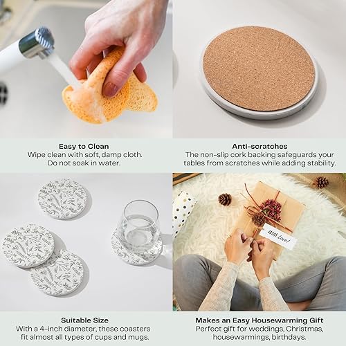 Miniatura 5 de Juego de 6 posavasos florales de salvia y blanco con soporte, posavasos de cerámica absorbente con respaldo de corcho para protección de mesa,