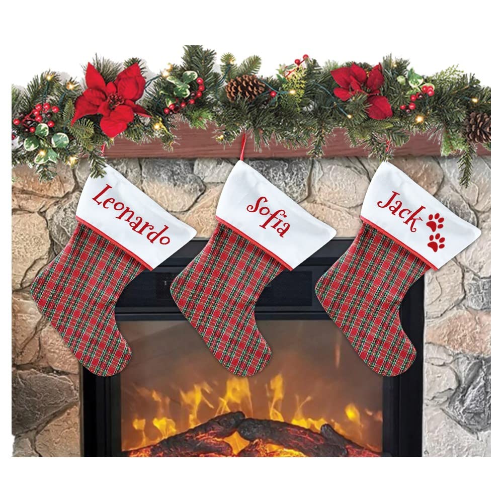Lot de 3 chaussettes de Noël à suspendre avec nom de 20 cm, 33 cm, personnalisées pour décoration de fêtes familiales (Lot de 3 pièces, TARTAN)