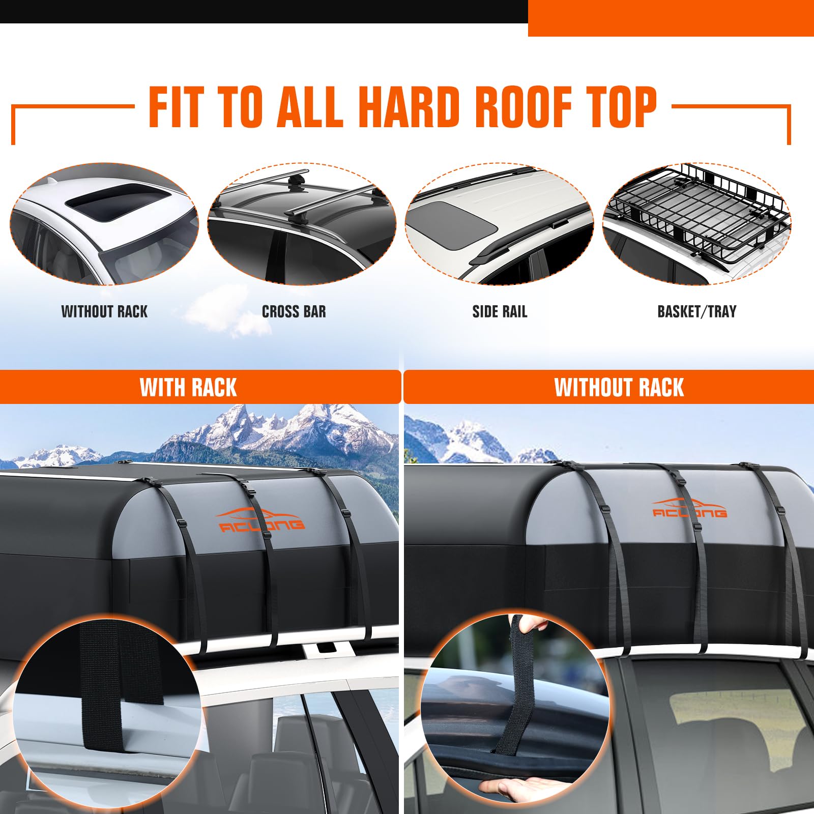 ACLONG Car Roof Bag 21 Cubic Feet 840D Waterproof Rooftop Cargo Carrier Bag for All Cars with/Without Racks Includes Anti-Slip Mat Storage Bag Combination Lock 6 Door Hooks, F-CPAMZ00440-AC