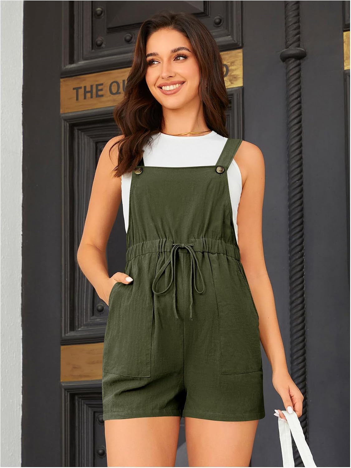 OYOANGLE Women's Maternity Button Sleeveless Drawstring High Waist Short Overall Casual Romper with Pocket