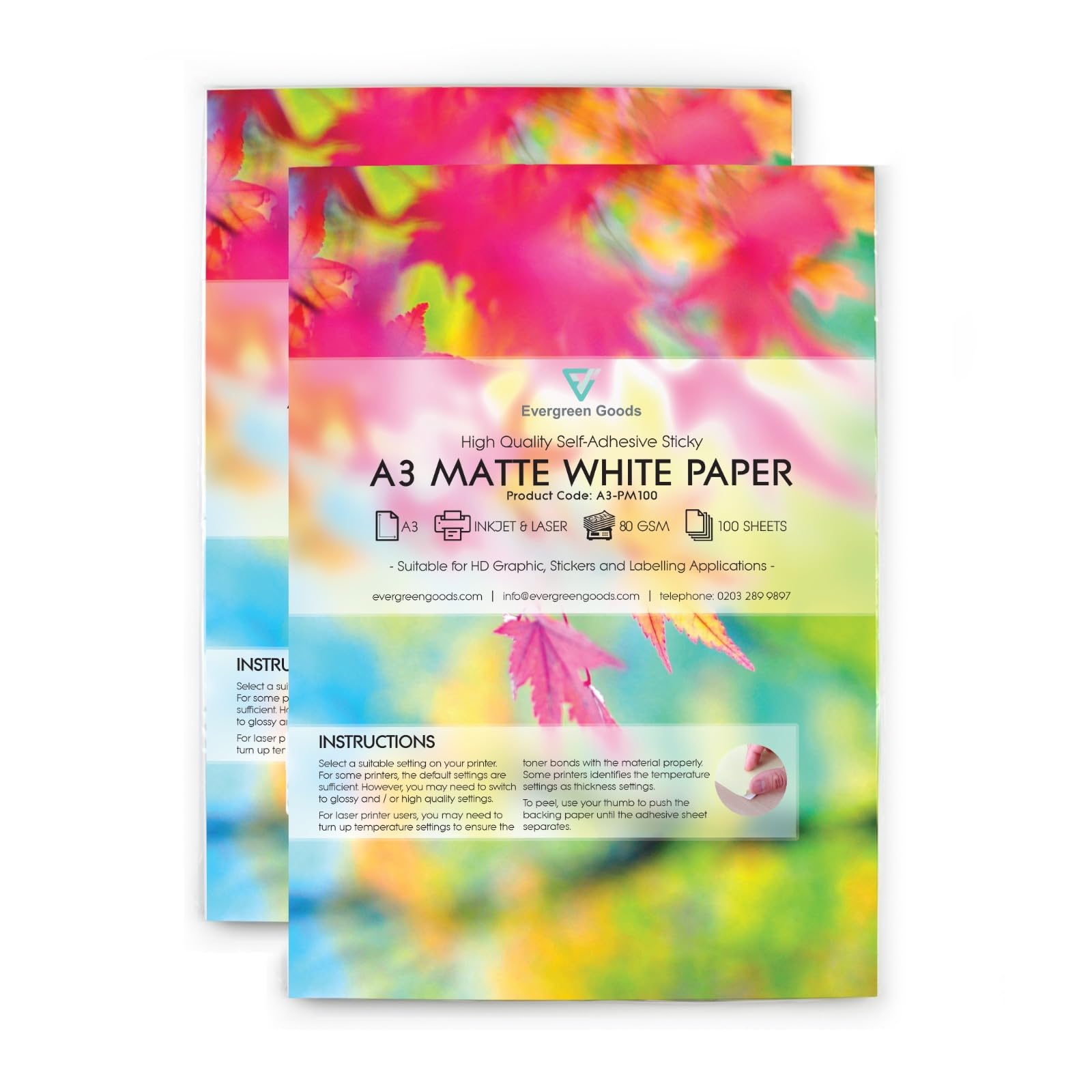 Evergreen Goods A3 (420 x 297 mm), biały, samoprzylepny, matowy, trwały papier do drukarek atramentowych i laserowych, samoprzylepny papier do drukowania, idealny do niestandardowych etykiet, znaków i