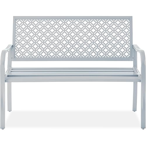 Best Choice Products Outdoor Bench 2-Person Metal Steel Benches Furniture for Garden, Patio, Porch, Entryway w/Geometric Backrest, 790lb Capacity - Light Gray