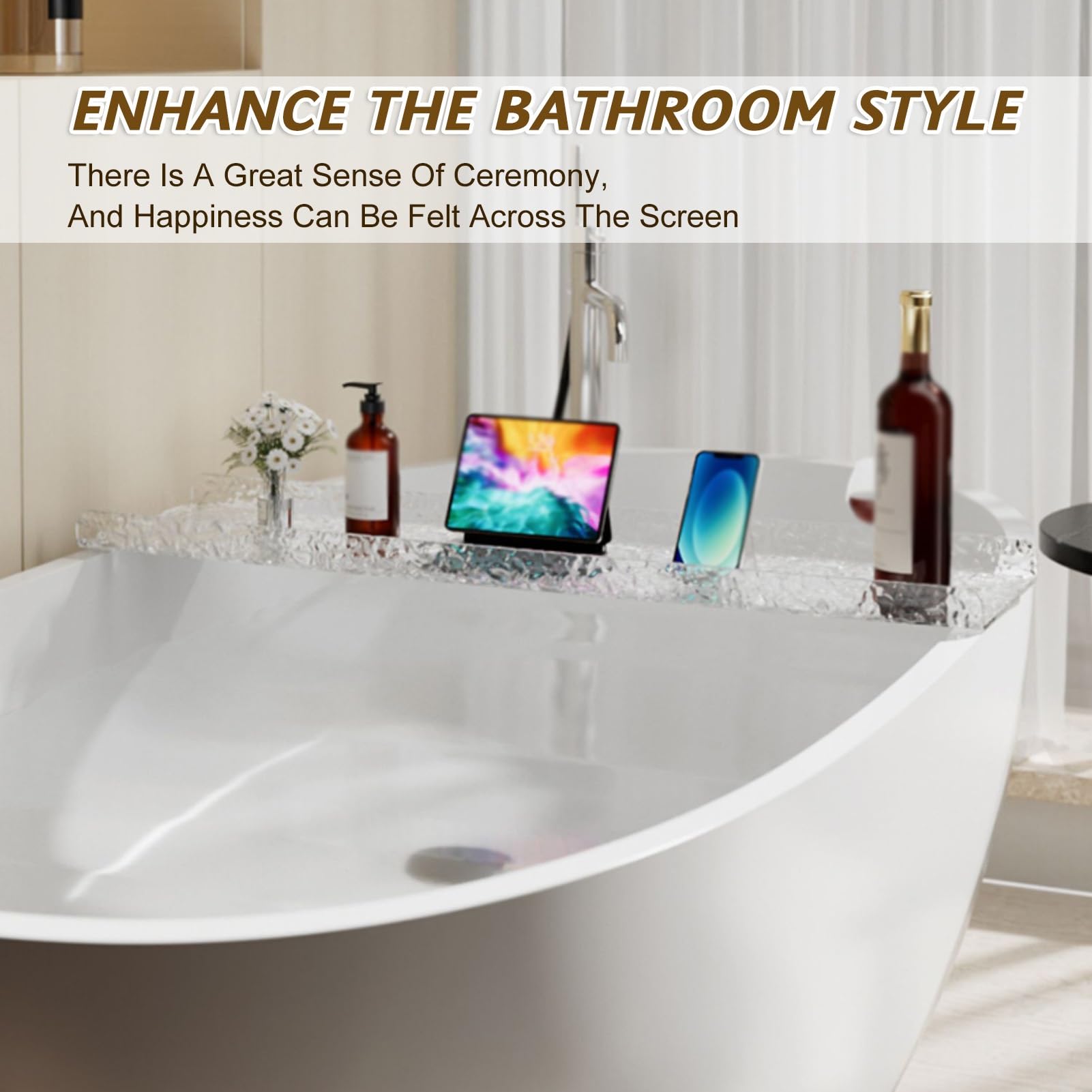 Vassoio Per Vasca Da Bagno In Acrilico Trasparente – Design Ondulato Antiscivolo, 80 Cm, Per Libri, Telefono, Candele, Vino
