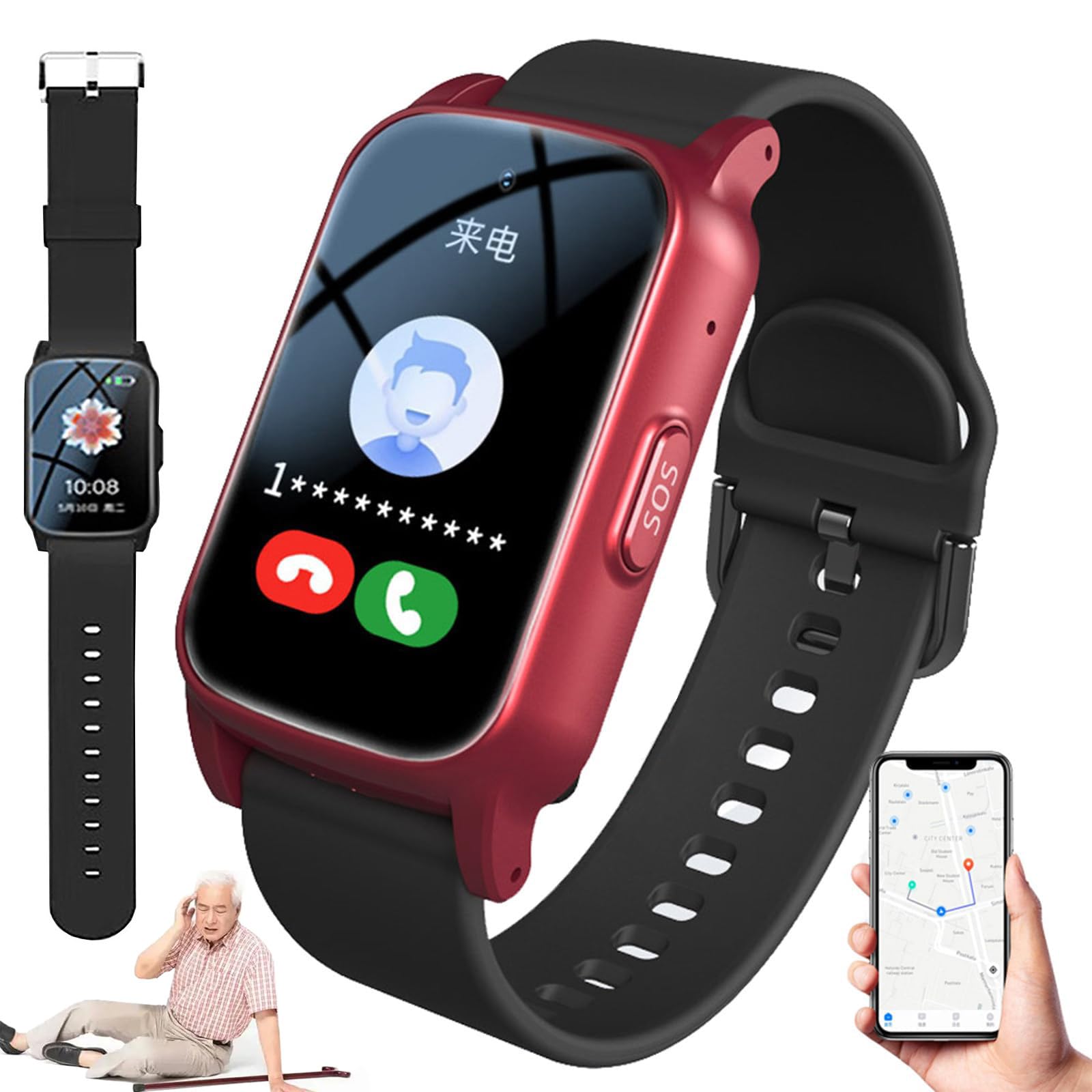 ZHZWwansuGE Smartwatch For Seniors, Fall Detection, SOS Emergency Alert, GPS Tracking, Supports HD Video Calls & Health Monitoring, Specially Designed For The Elderly Red