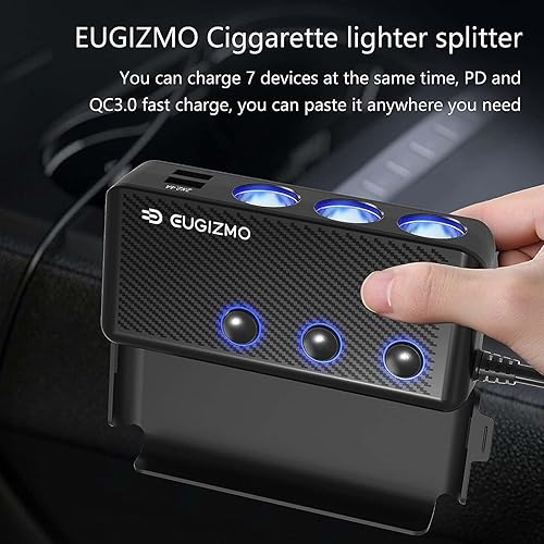 Miniatura 2 de Divisor de enchufe para encendedor de cigarrillos, 3 zócalos de 200 W, adaptador de encendedor de cigarrillos USB, cable de extensión de cargador