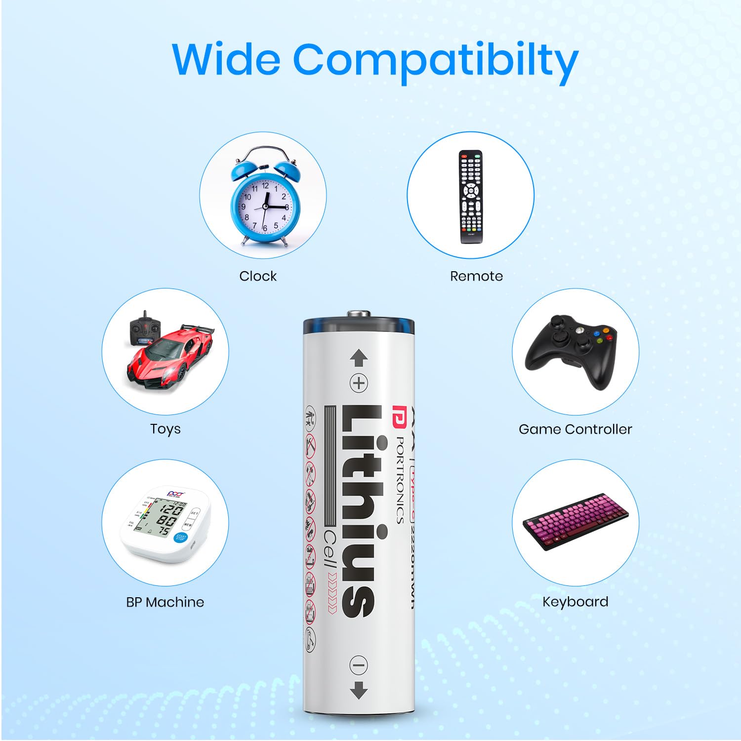 Close-up of a Portronics Lithius Cell AA battery with a USB Type-C cable plugged into its charging port, showing the convenience of direct charging.