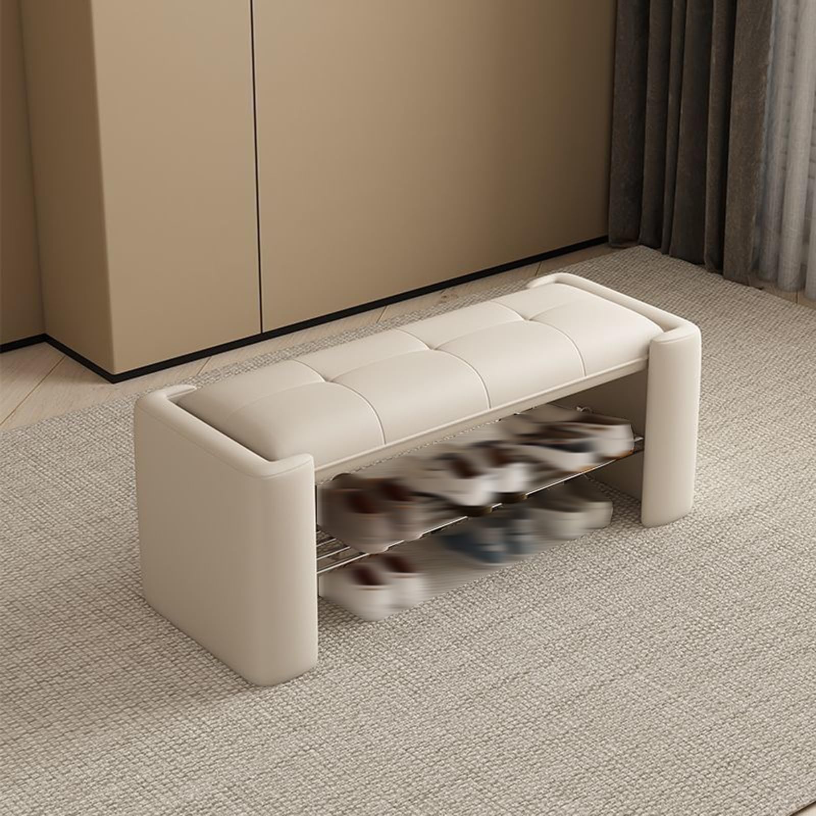 Banc de rangement pour entrée étroite résolvant le désordre des souliers