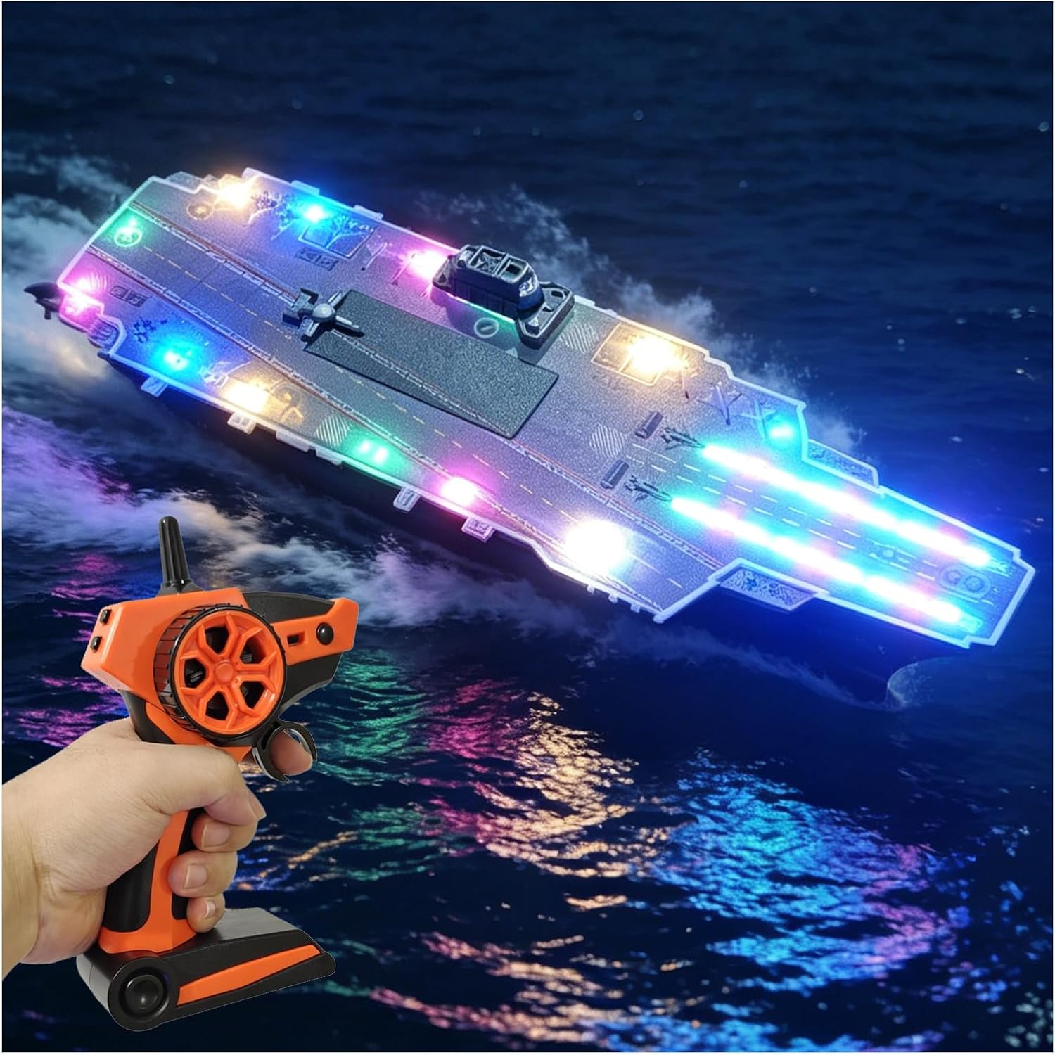RC Boats for Kids 6-12, 13-inch Warship Battleship Aircraft Carrier Toy with 7-Colors LED Light, 2.4G Remote Control Military Naval Ship for Pool & Lake, Exhibits Model Gift for Boys Girls