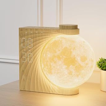 RETEYUNG Rotatable Moonlight Sunrise Alarm Clock,Sound Machines, Night Lamp for Bedrooms with Snooze, 10 Light Effects, 30/60/90 Timer, 10 Sleep Nature Sounds,15 Ringtones,12 VolumeLight Woodgrain