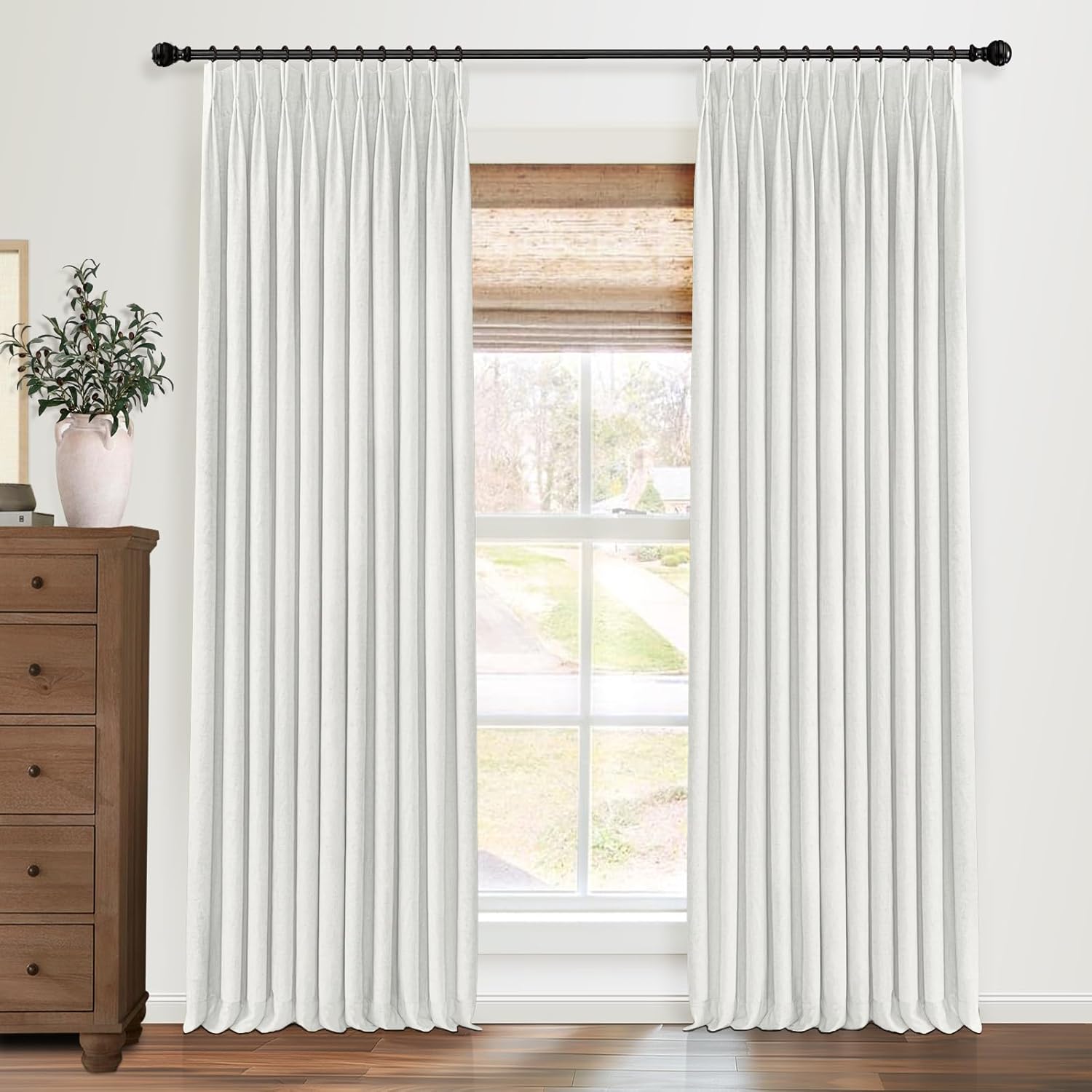 Pinch Pleated Blackout Curtains 90 Inch Long, Linen Blend, 100% Blackout Drapes with 20 Hooks, Ideal for Bedroom and Living Room, 40" W x 90" L (Pack of 2), Off White