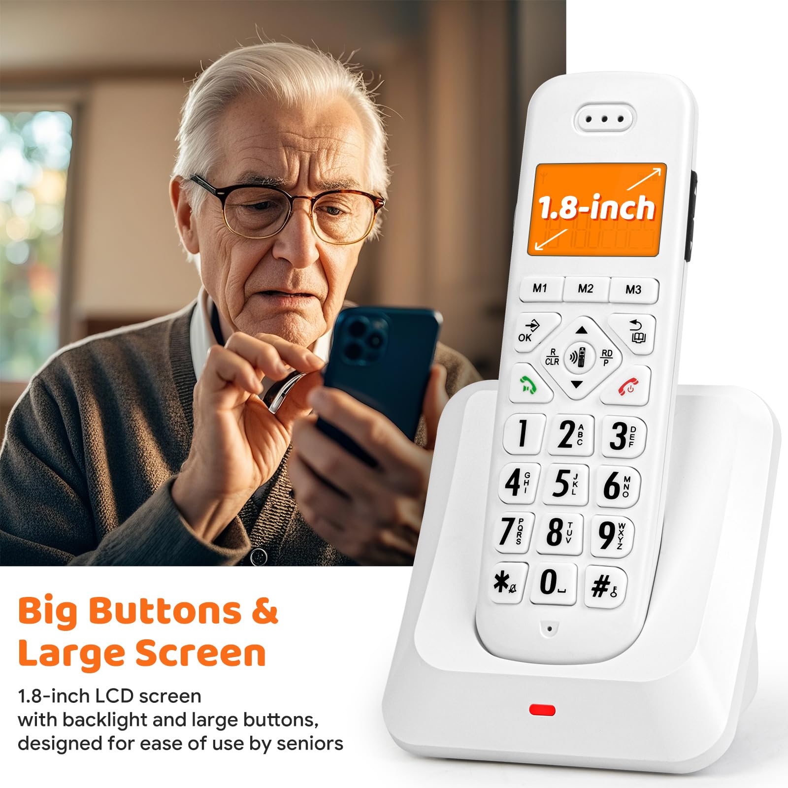 Sangyn DECT 6.0 Cordless Phone for Home with Big Buttons?One Touch Dialing?Full-Duplex Speakerphone?Caller ID/Call Waiting?28dB Audio Assist and Hearing Aid Compatibility,White