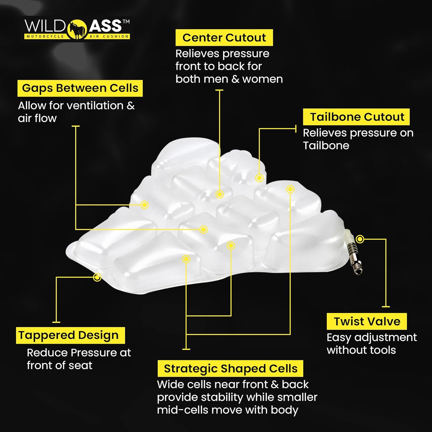 Sport Classic- Motorcycle Air Gel Seat Pad, Ergonomic Air-Adjusting Cushion with Straps, Ultimate Comfort & Relief, Cool Flow Motorcycle Accessory for Long Rides - Black