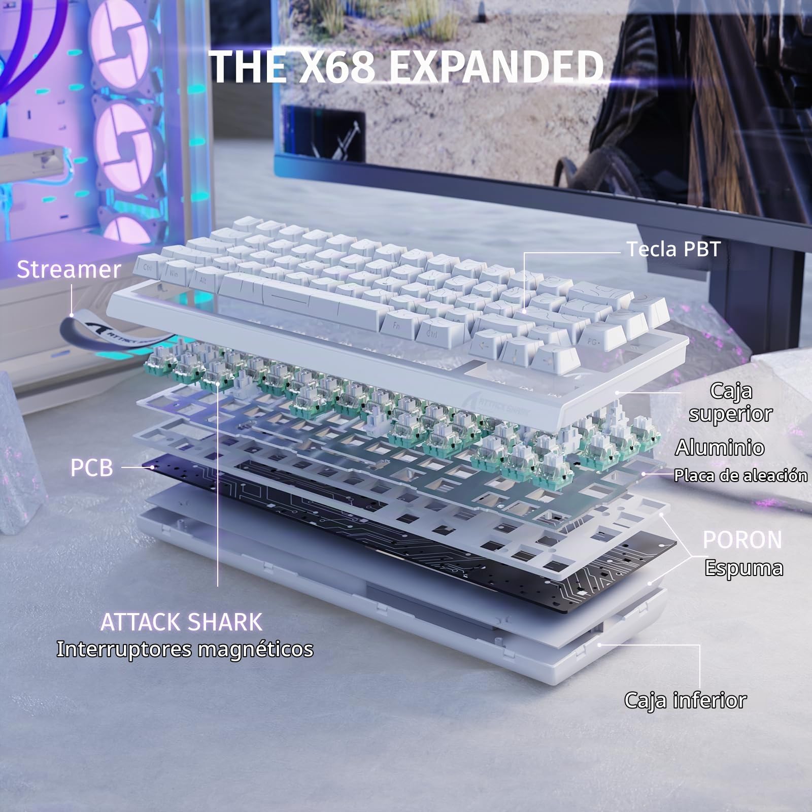 MAMBASNAKE Attack Shark X68 HE - Combos de Teclado y Ratón R1 con Disparador Rápido y Cable en Espiral de 8KHz, Precisión RT de 0,01mm,Teclado Magnético de 8KHz y Ratón Inalámbrico para Juegos-Blanco