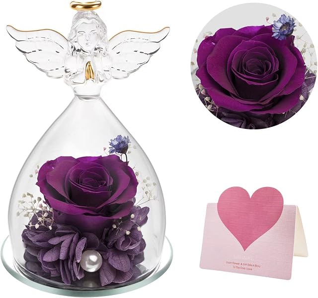 SHOKUTO Mothers Day Birthday Gifts for Mom Grandma Wife,Pretty Preserved Rose Flower in Crystal Angel Figurines, Gifts for Women Her Girlfriend on Anniversary Wedding Christmas Valentine Day