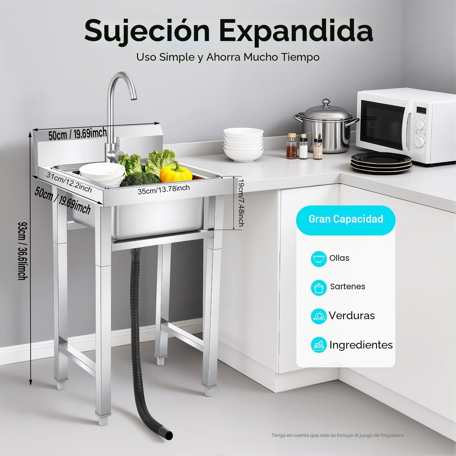 Fregadero independiente, fregadero de acero inoxidable comercial, lavabo individual con grifo, fregadero con soporte de tubo cuadrado para exteriores, garaje, restaurante, cocina, lavadero, 50x50x93cm