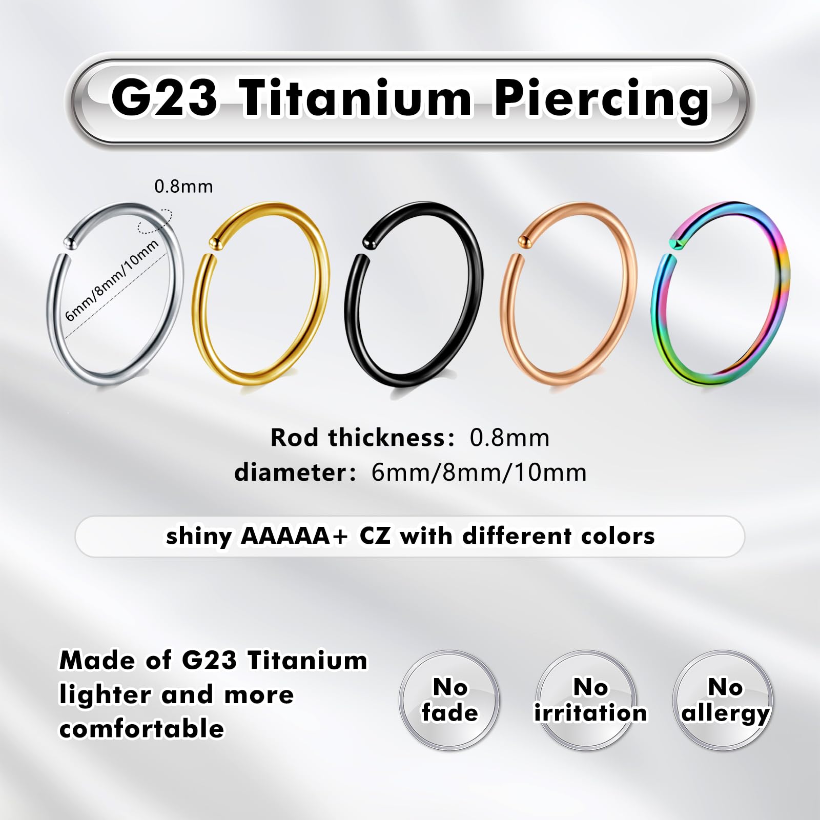 G23 Titanio Piercing Nariz Aro Negro Cartílago Oreja Delgado Pequeño Septum Helix Concha Anillos de Piercing Tragus 18G 20G Espesor 6MM/8MM/10MM Oro Plata 3 Piezas Nostril Piercing joyería