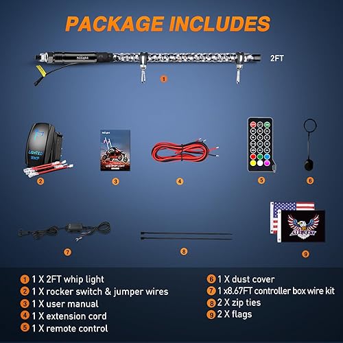 Vista 52 de Nilight - 2 luces de látigo RGB LED de 2 pies, con luz adicional de parada, direccional y reversa, control remoto y aplicación, patrones