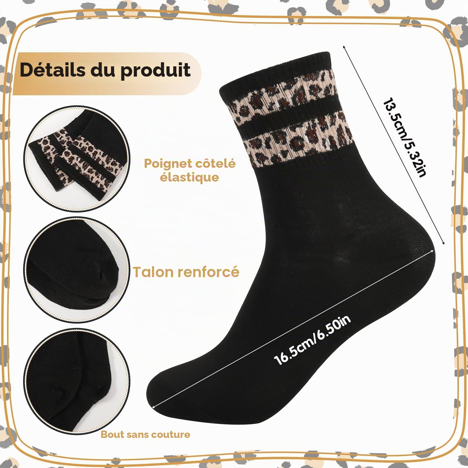 Lot de 6 paires de chaussettes de tennis pour femme - 35-38 - Motif léopard - Chaussettes de course - sport