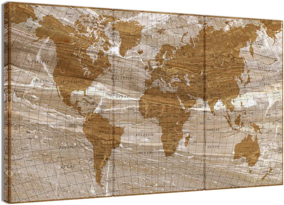 🛒 Crazy Deals Visual Art Decor Xlarge Retro Detailed Map of the World Canvas Prints Framed Push Pins World Map Travel Map on Marble Textured Canvas Wall Decor for Home Office Ready to Hang (W-60 by H-36 Beige)