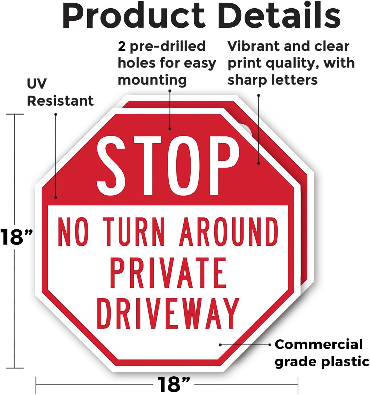 Stop No Turn Around Private Driveway (2 Pack) 18 inch X 18 inch Octagon Plastic Sign Weather Resistant, UV Protected for Workplace, Private Property, and Construction Site, Made in the USA
