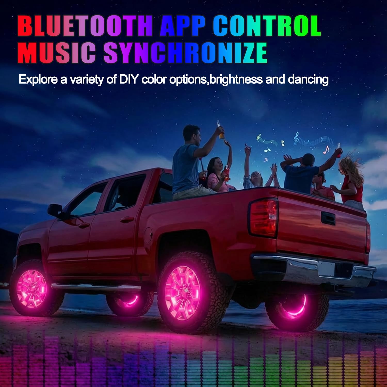 Car Wheel Lights 17 inch Row Wheel Ring Lights 4 Pcs for Truck/ATV/UTV LED Brighter RGB Glowing Rim Rings Music Wheel Ring Light with Turn & Braking Signal Car Decoration