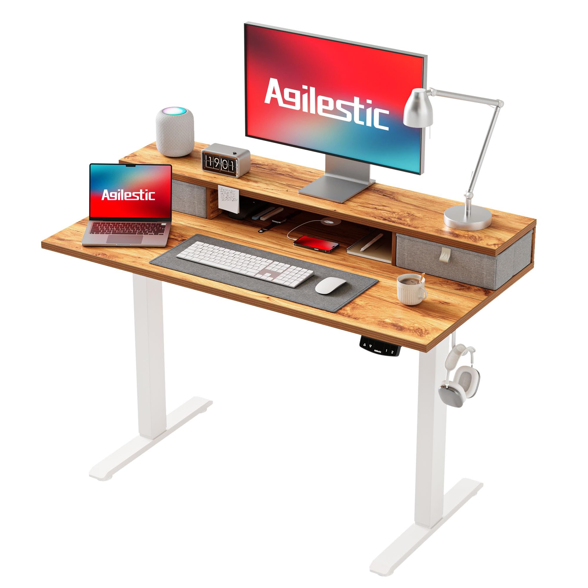 Agilestic Electric Adjustable Height Desk with 2 Drawers, 100 x 60 cm, Stable Sit-Stand Desk with Memory Control, Ergonomic Computer Desk, Light Brown