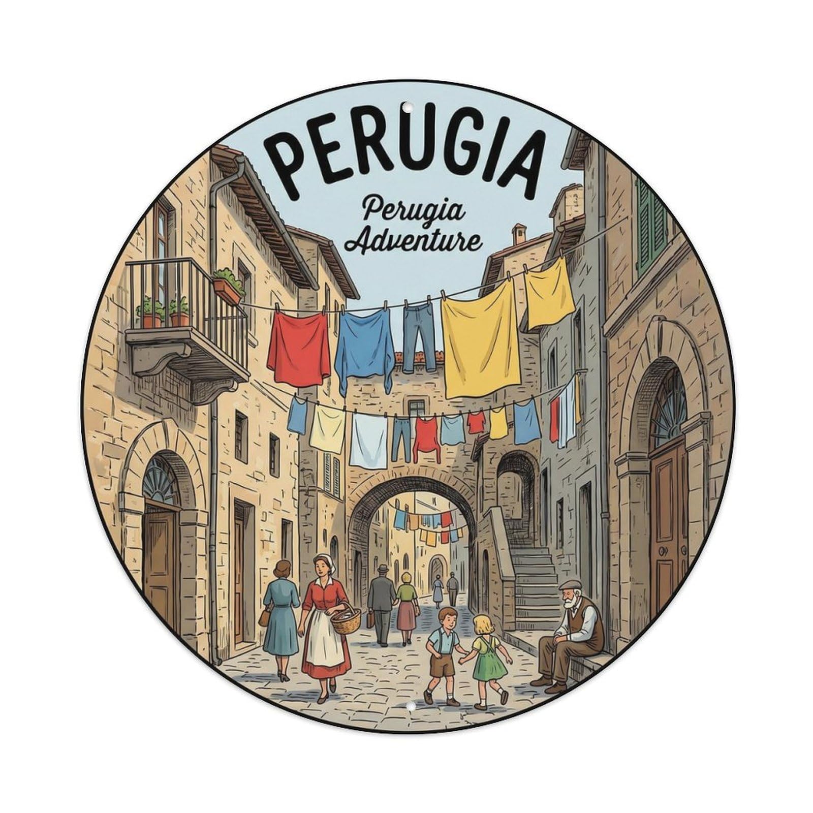 Classic Perugia City Oldtown Expedition Scenic Landmark Metal Tin Sign Plaque Wall Decor for Cafe, Man Cave, Club Bar, Office, Home Garden Round Metal Poster 8x8Inch