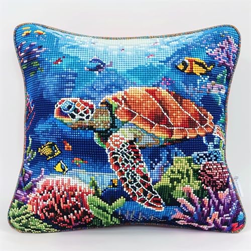 Walluminati Needlepoint Pillow Kit, Sea Turtles Stitch Pillow Case Cross Stitch Cushion Cover Embroidery Kit Pillowcases 11CT Stamped Cross Stitch Pillow Kits Stitch Throw Pillow 18x18inch