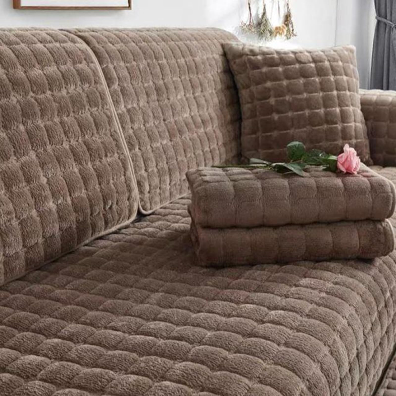 Velvet Sofa Cover 1 2 3 4 Seater, Dog Cat Sofa Protector Anti-Slip Couch Cover L Shape, Soft Sofa Cover Corner Sofa Sofa Protective Cover with Non-slip Base,Khaki,70x210cm