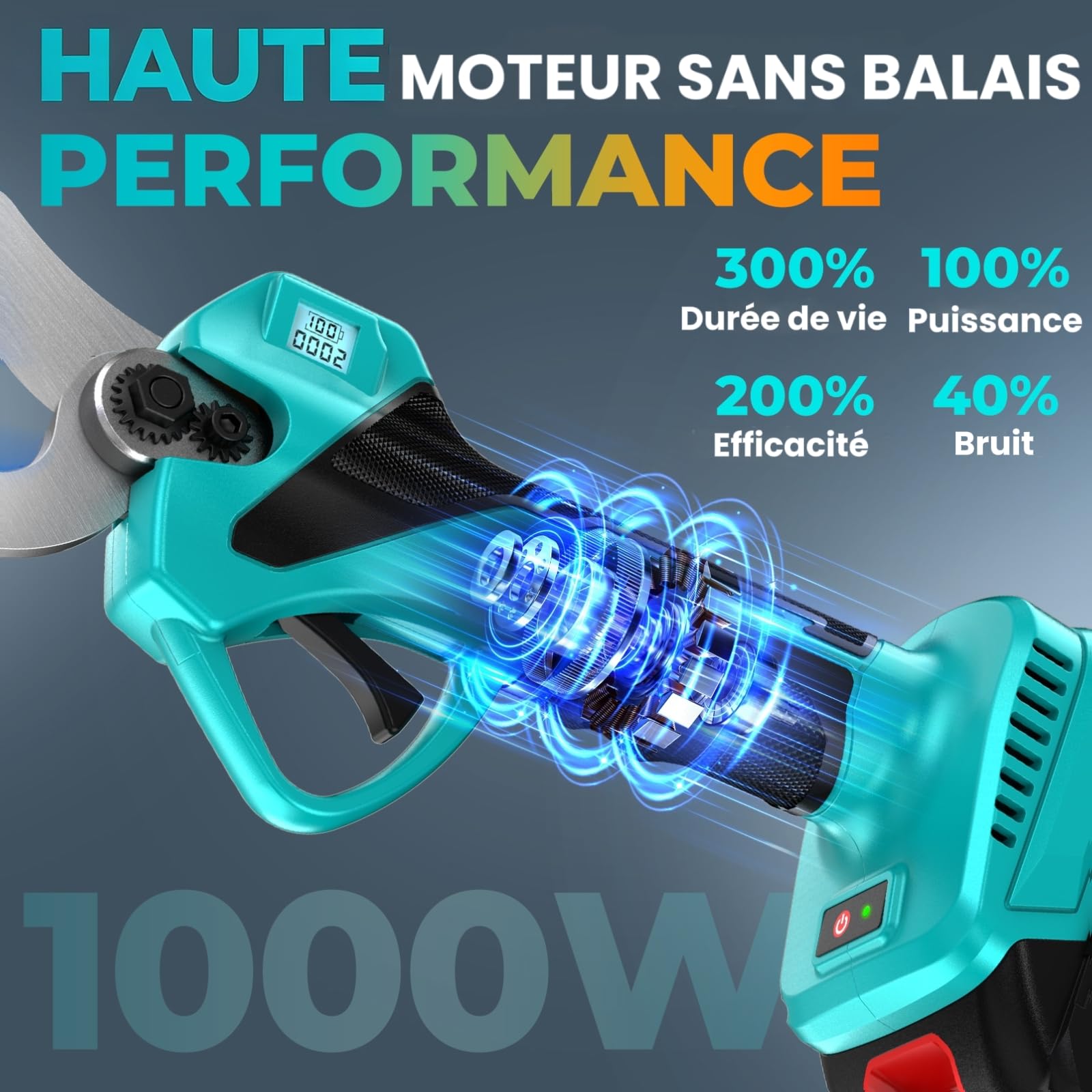 Sécateur Électrique Sans Fil, Léger Secateur electrique, Moteur sans balais, Capacité de Coupe de 33mm, avec Écran LCD, 2 batteries, & Lames de rechange, pour le Jardinage, les Branches, les Oliviers