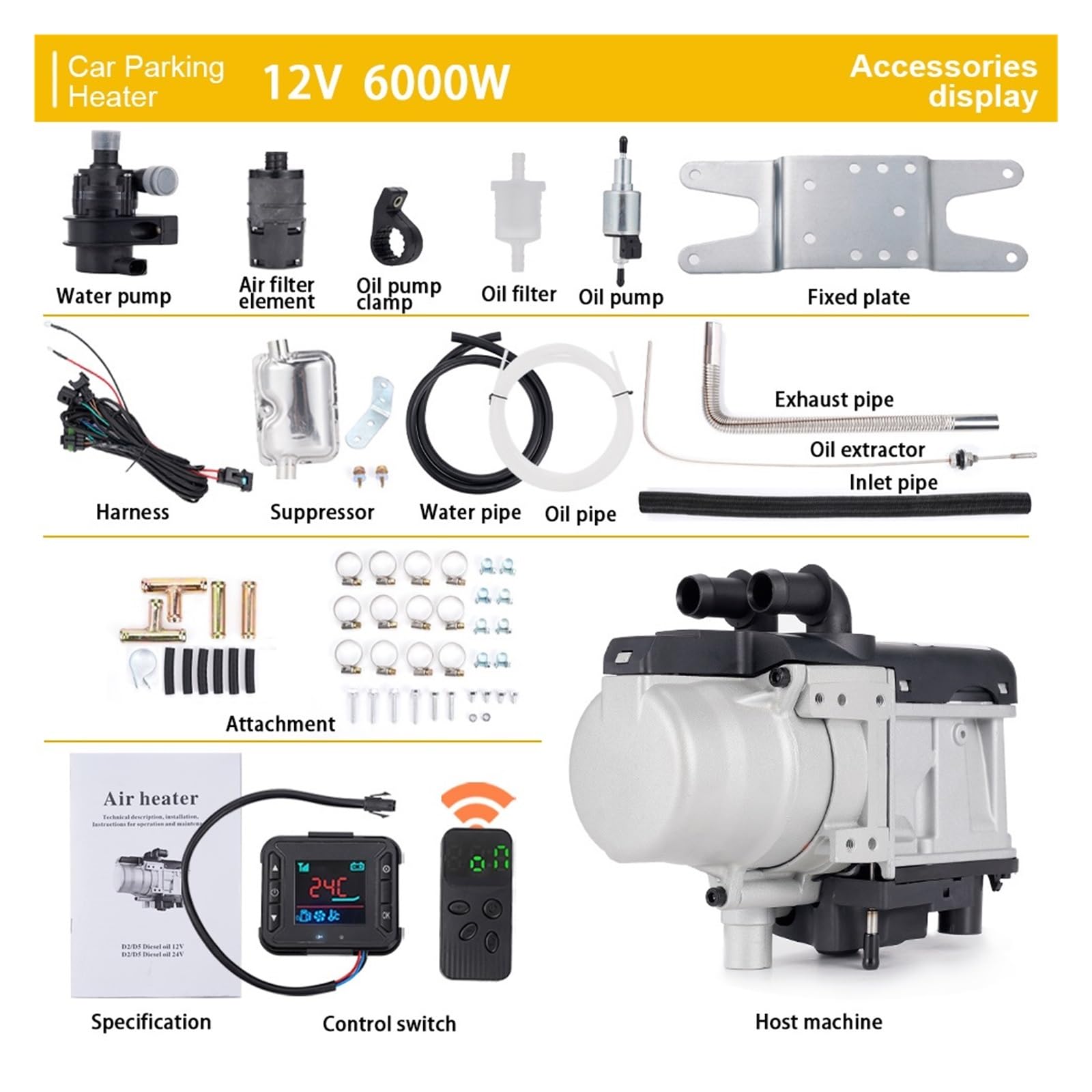 12V 6KW Podgrzewacz Paliwa Diesel Płynny Benzyny Przełącznik LCD Tłumik + Pompa Wody Urządzenie Ogrzewania Postojowego Do Ciężarówek Van Samochodów Łatwy w instalacji(One-way remote)