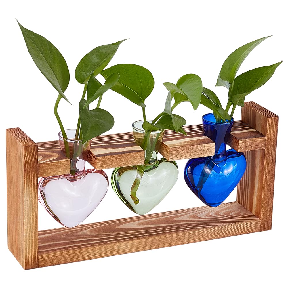 UNICRAFTALE Stations De Propagation De Plantes Terrarium avec Support en Bois Bulbe d'air Vase en Verre en Coeur pour Hydroponique Décoration De Maison Jardin Bureau Cadeaux Jardinage Unique 28x7.7cm