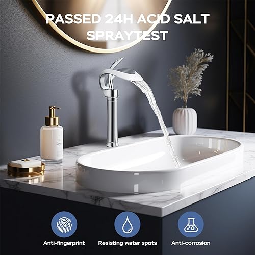 Miniatura 3 de Elegante grifo de fregadero de recipiente cromado, moderno grifo de baño de una sola manija, grifo de lavabo alto de un solo orificio con línea de