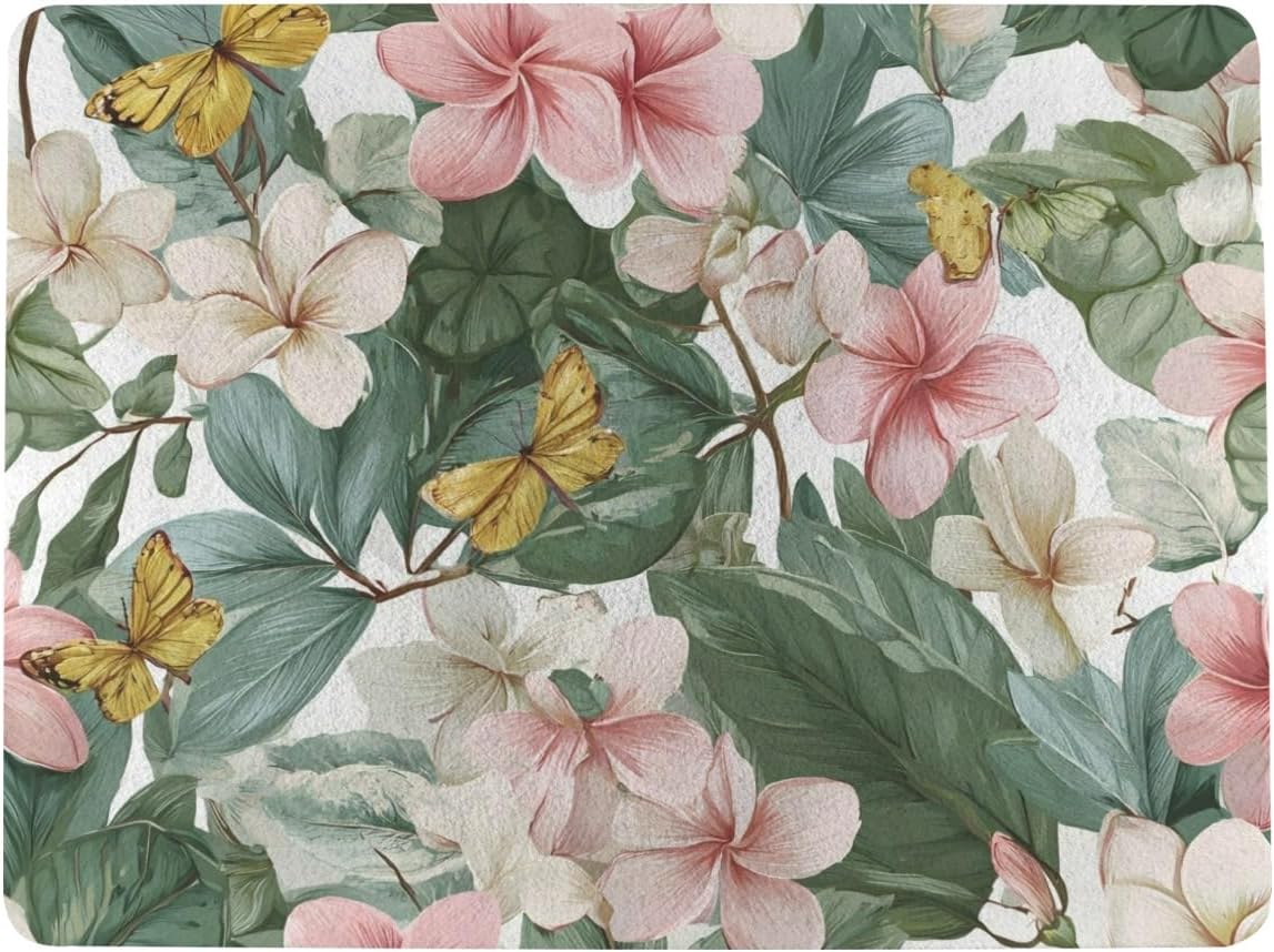 Plumeria Bloom And Leaf Pattern Coffee Machine Mat, 12" x 16" Coffee Bar Mats for Countertops, Absorbent Anti-Slip Rubber Backed Dish Drying Pad for Kitchen Counter