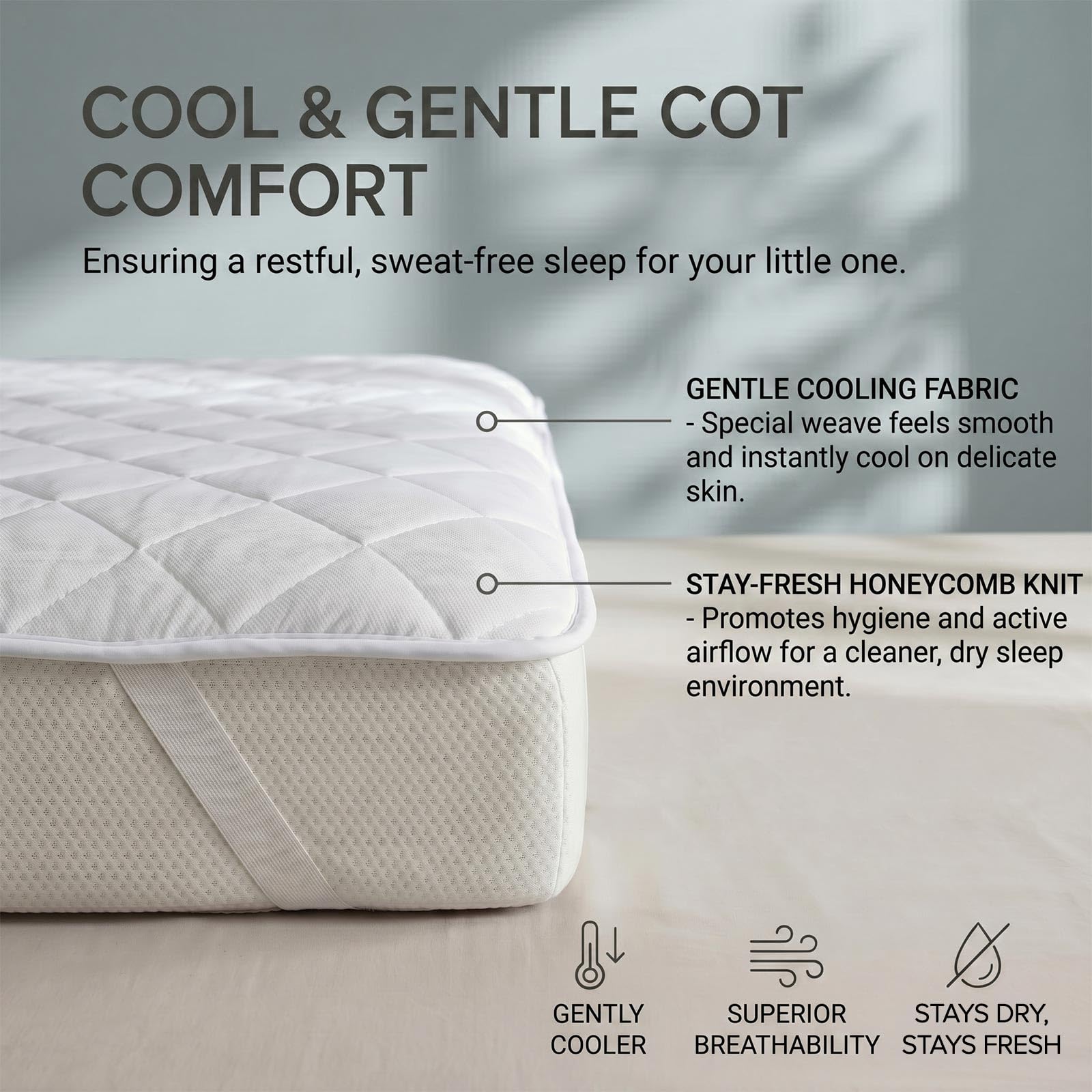 HOMESCAPES Cooling Cot Mattress Topper 60x120cm Set of 2 – Cool Touch Breathable Quilted Cot Mattress Pads for Baby & Toddler, Corner Straps, Washable, OEKO-TEX® Standard 100 Certified — view 2