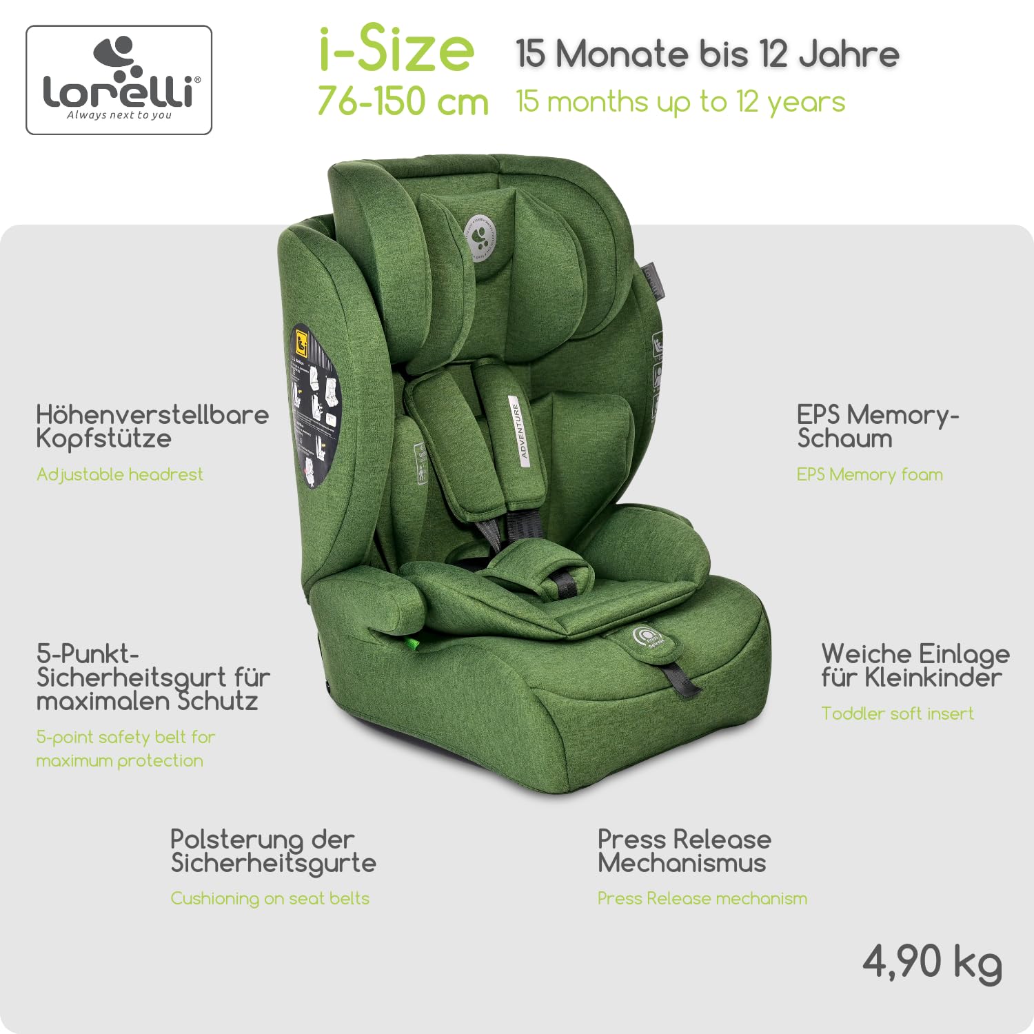 Lorelli Adventure i-Size fotelik samochodowy 9-36 kg, 76-150 cm, rosnący wraz z dzieckiem, fotelik dziecięcy, regulowany zagłówek, 5-punktowy pas bezpieczeństwa, zielony
