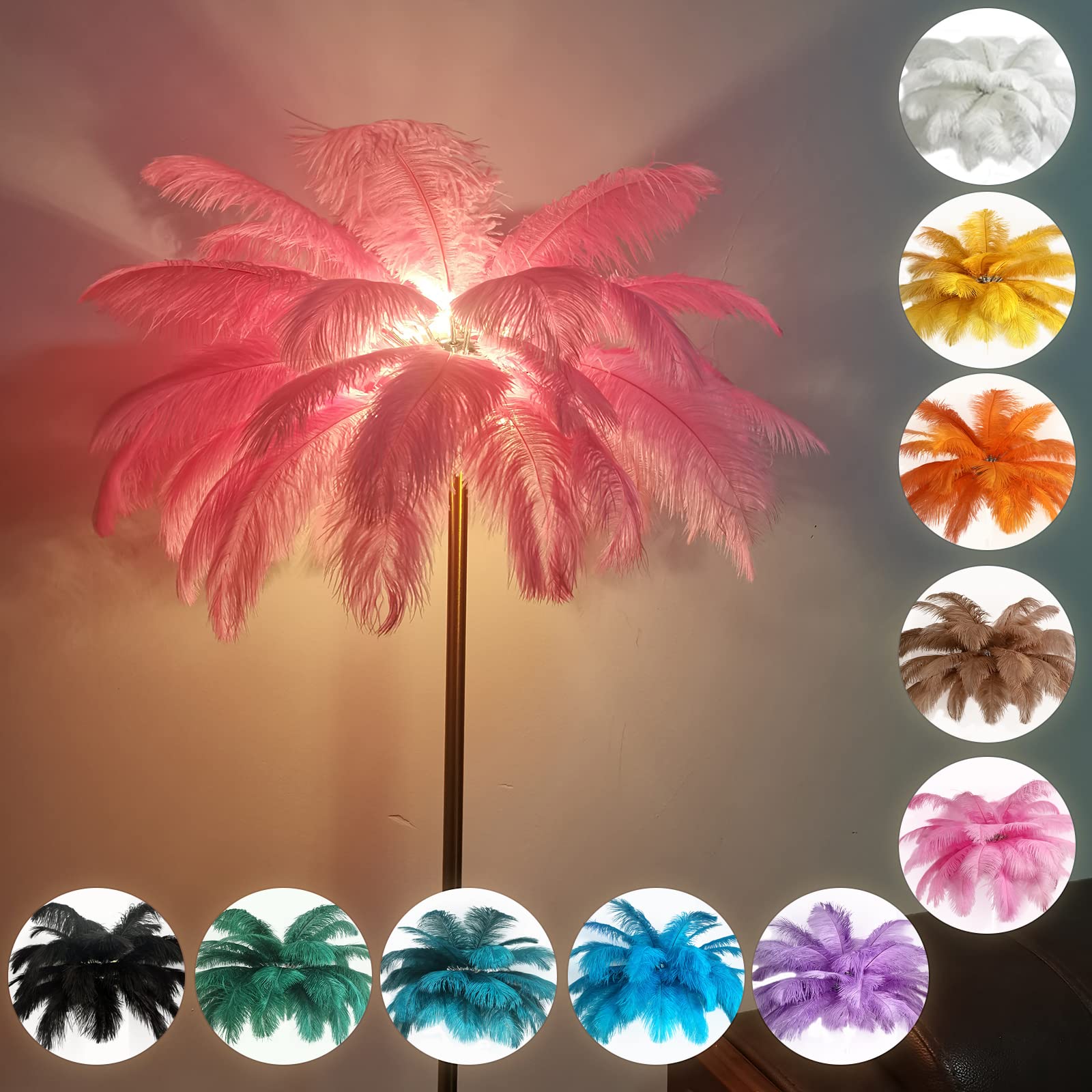 KISFWIU Floor lamp, Feather lamp with 48 Natural Ostrich Feathers with 10 Colors, Extended Feathers Suitable for Living Room, Bedroom, Study, H160cm (Pink)