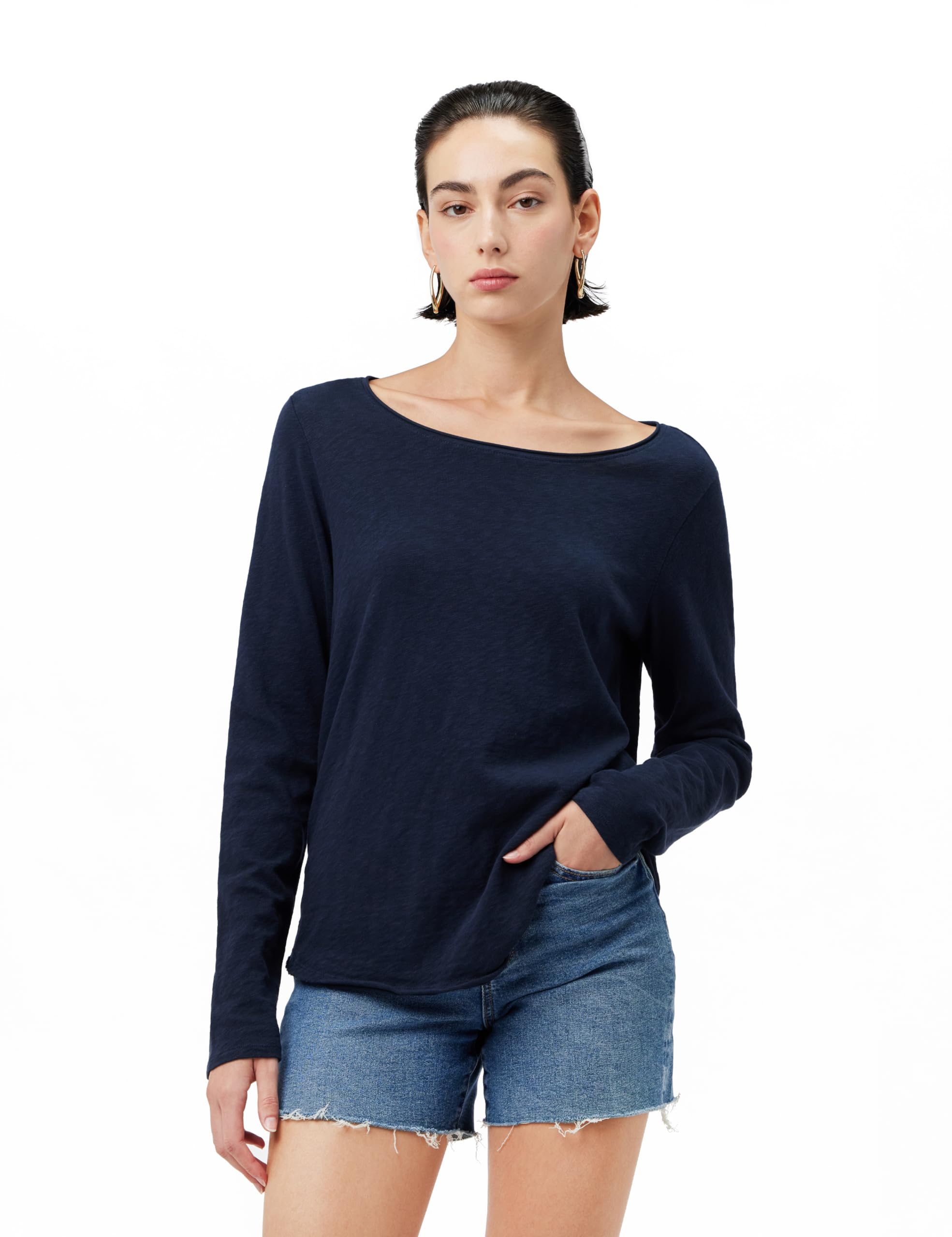 Marc O'Polo Denim Damen Langarmshirt aus Bio-Baumwolle mit U-Boot-Ausschnitt, Blau (Scandinavian Blue), XXS