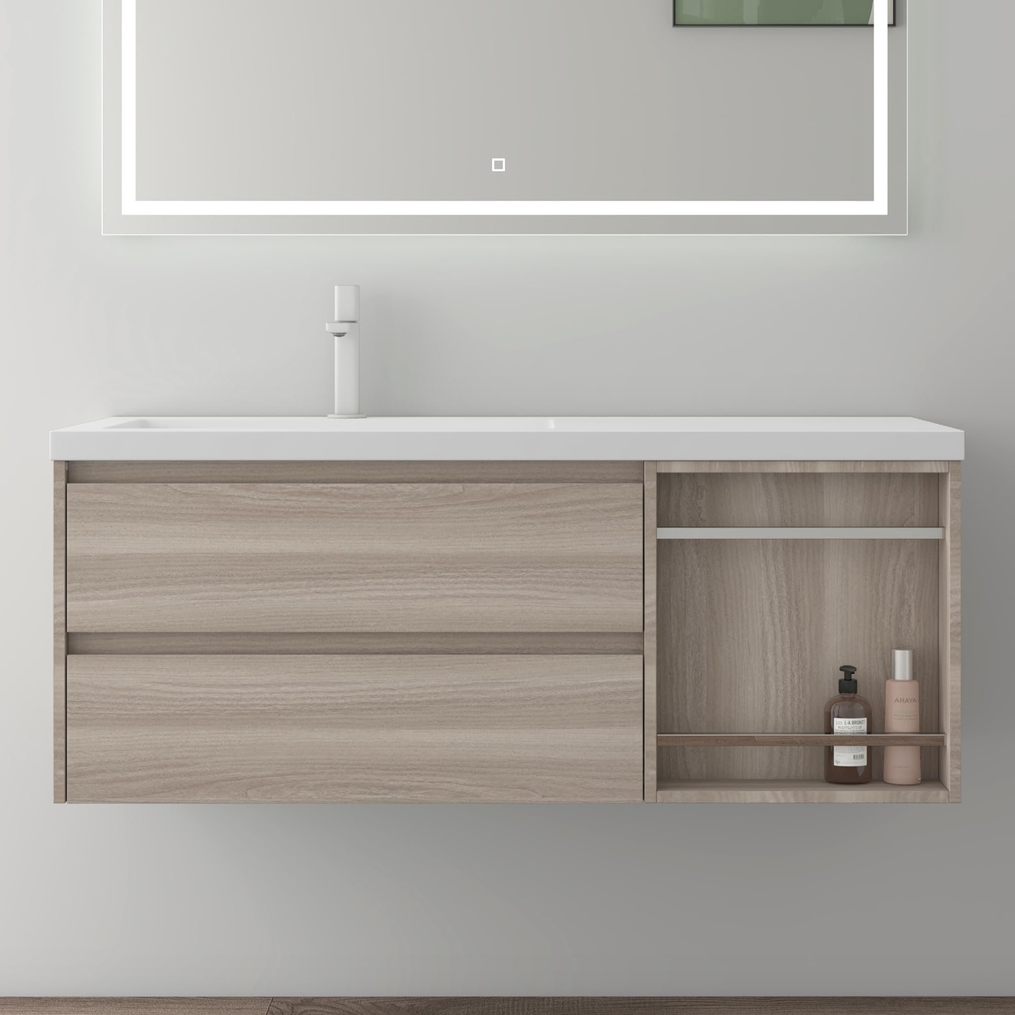 Mai & Mai Waschtisch mit Unterschrank Waschbecken-Unterschrank | Badmöbel-Set Waschbeckenunterschrank Softclose Al Oak 120x46x49cm inkl. Mineralguss Waschbecken Open