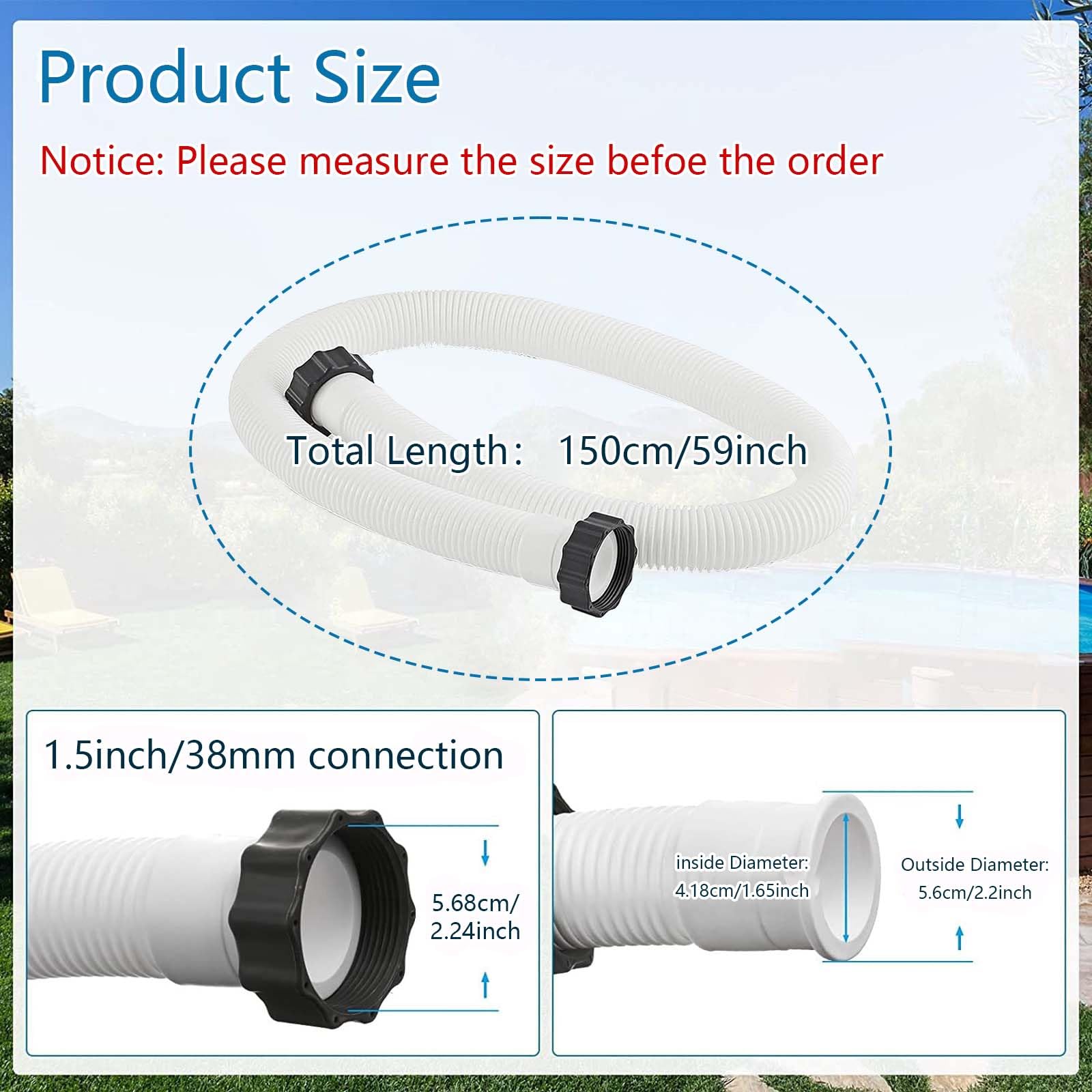 Schwimmbad-Ersatzschlauch, 150 cm, 2 Stück, flexible Poolschläuche für oberirdische Pools, kompatibel mit Pool-Sandfilterpumpe, inklusive 2 Schlauchadapter Typ B, 38 mm Durchmesser
