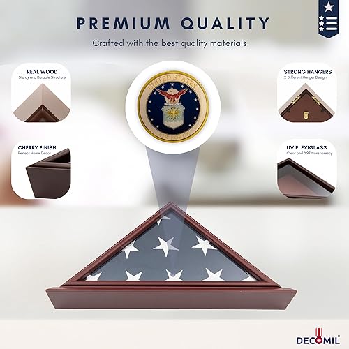 Miniatura 3 de DECOMIL Exhibidor de bandera de veteranos estadounidenses de 5 x 9, madera maciza, acabado cereza, base pequeña, montaje en pared, placa de nombre