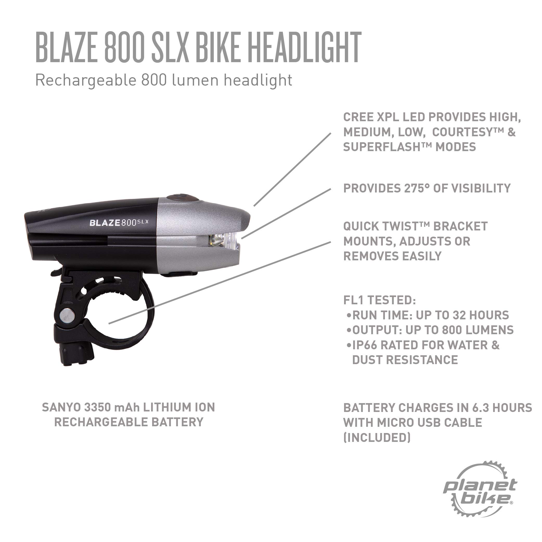 Planet Bike Blaze® 800 SLX Luz para Bicicleta, Faro Delantero Blanco con luz Lateral ámbar, 5 Modos, superbrillante hasta 800 lúmenes, Recargable por USB, Linterna para Bicicleta