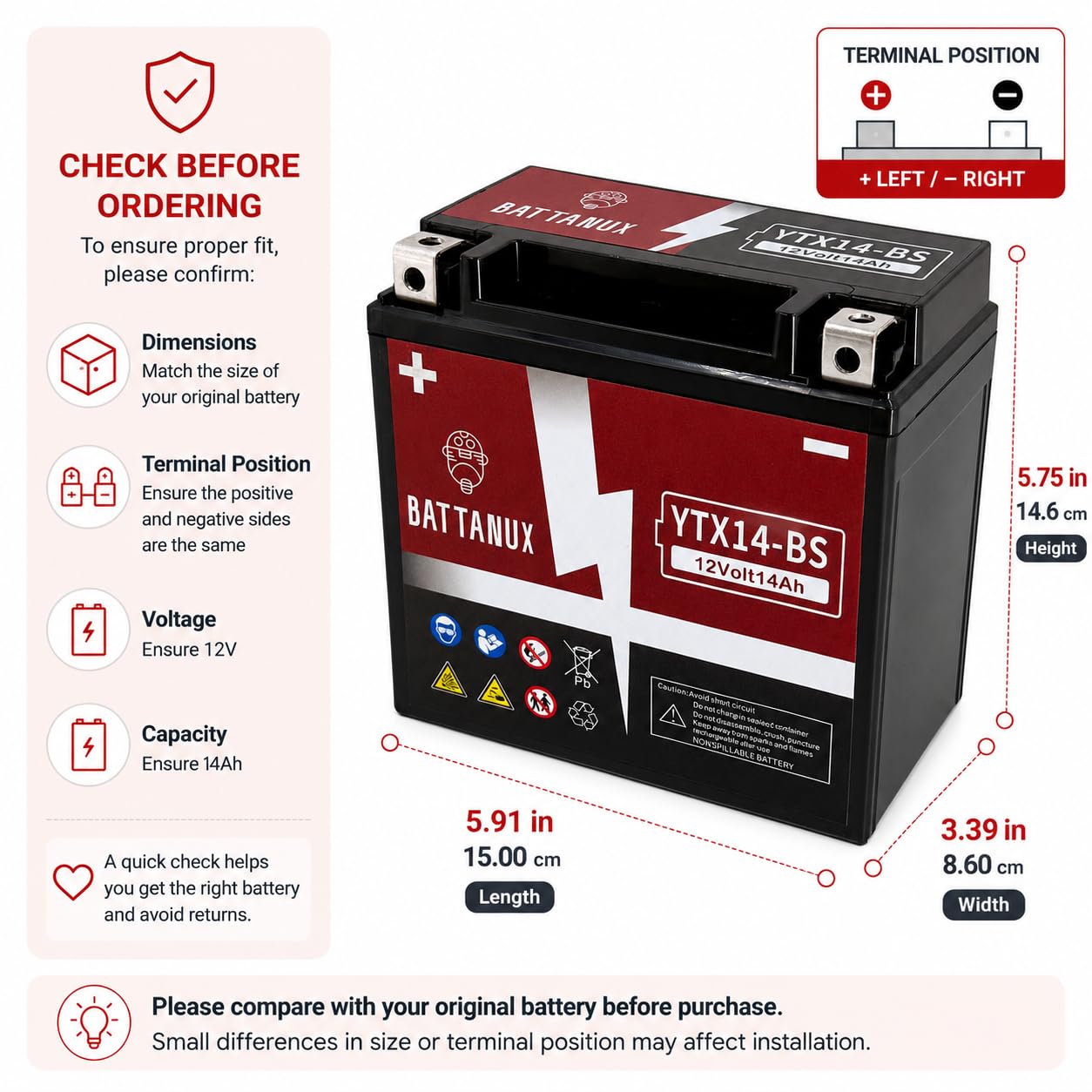 YTX14-BS Batterie Moto 12V14Ah AGM – Haute Capacité, Sans Entretien, Anti-Fuite, Prête à l’Emploi pour Moto, ATV & UTV