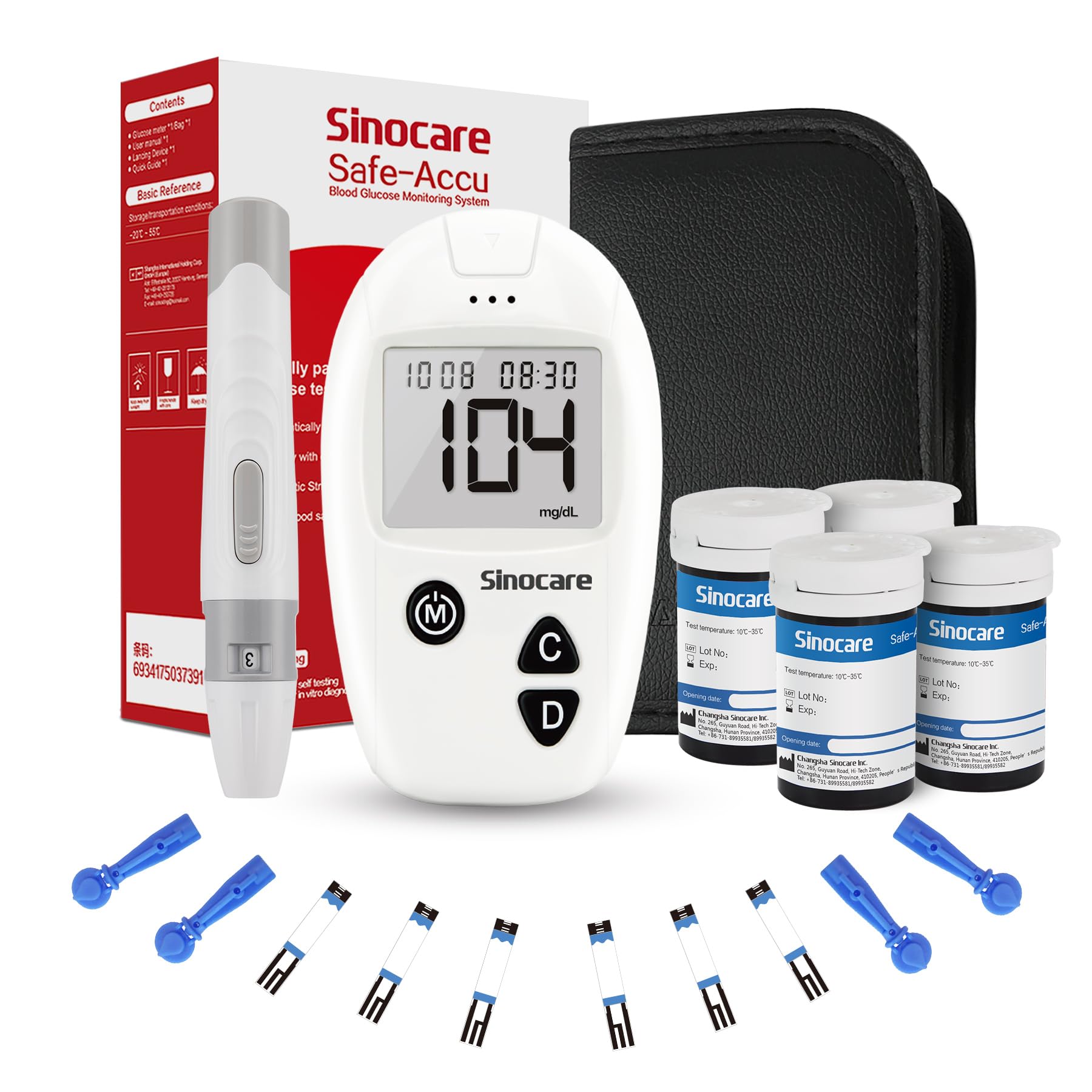 sinocare Blood Glucose Meter, Glucometer, Blood Sugar Meter Kit with 100 x Glucose Test Strips - mg/dL (accu 100 kit) ClimatePartner certified