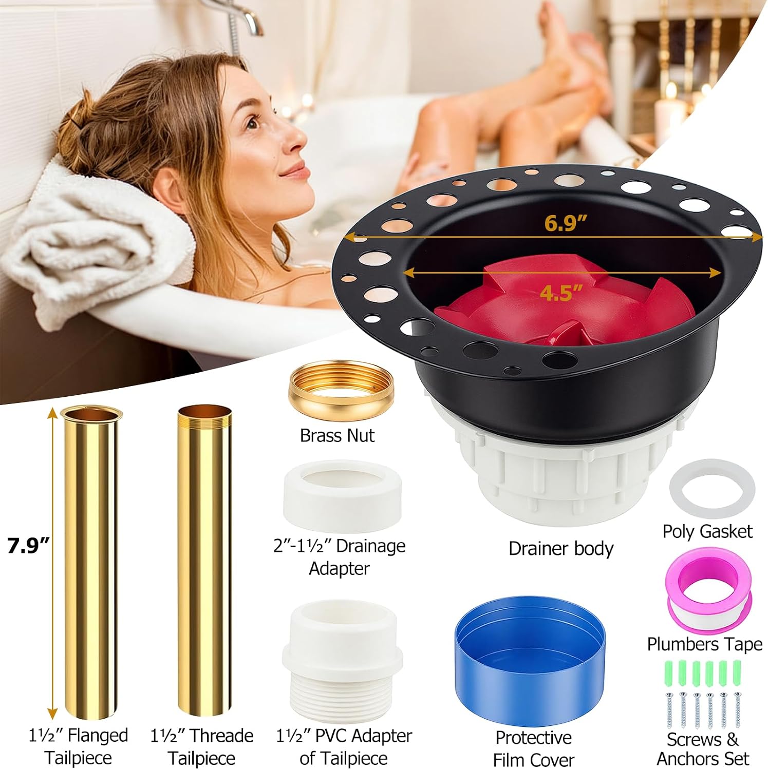Freestanding Tub Drain Kit, Bathtub Drain Rough-in for Floor-Mounted Tub | Freestanding Bathtub Pipe with PVC Adapter & Brass Tail Pipes