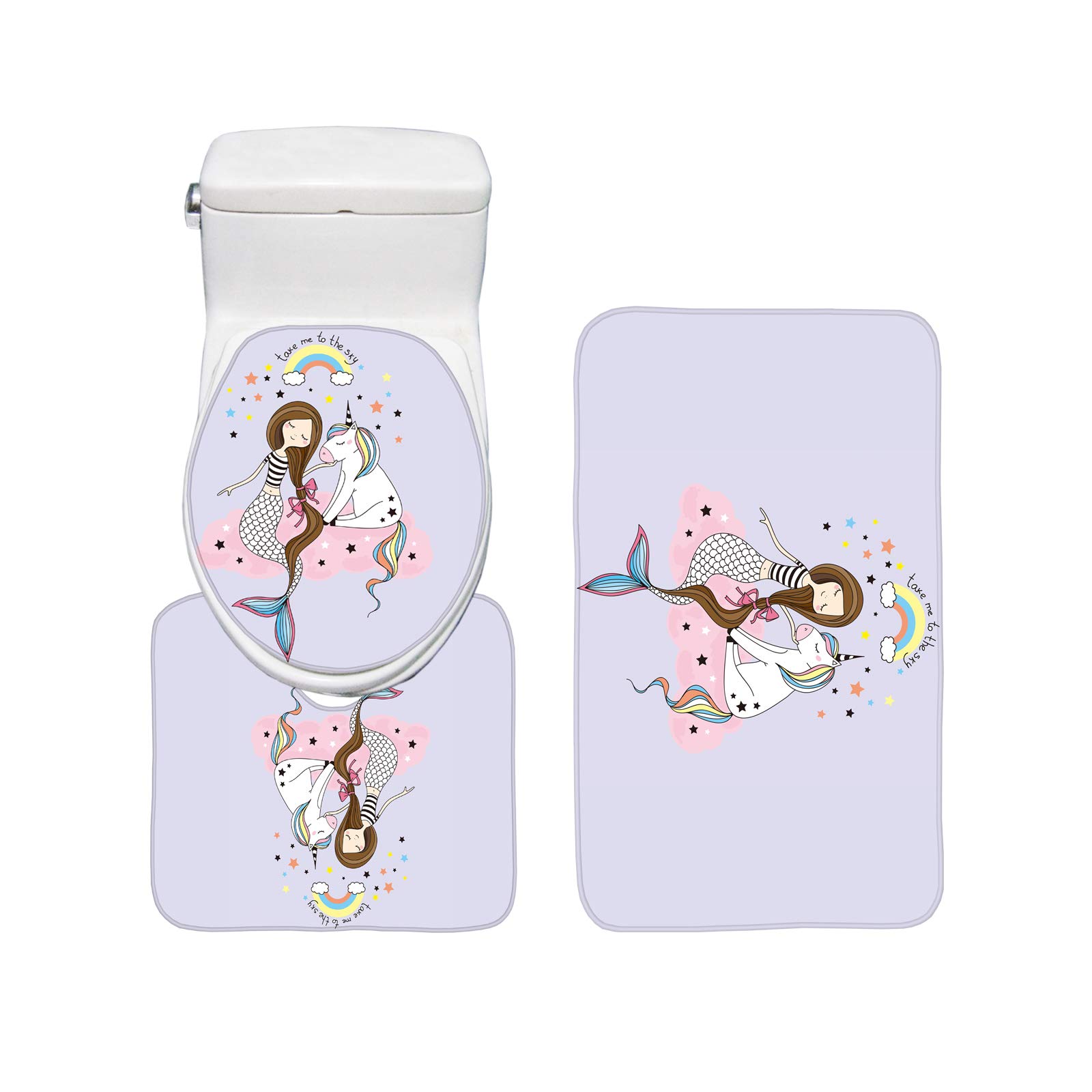 Bearbae 3 Peice Bathroom Mat Set Little Unicorn and Mermaid Sitting at The Pink Cloud Rainbow Girlish Bath Mat Contour Mat Toilet Cover Purple