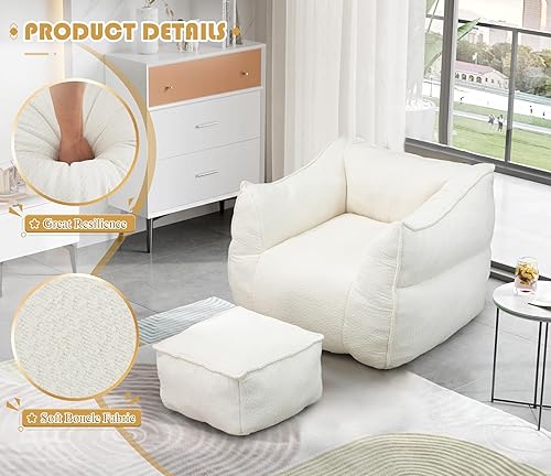 Miniatura 5 de Puf con otomano, cómodo puf Boucle para adultos y niños, sofá perezoso ultra suave para interiores con relleno de esponja viscoelástica, puf moderno