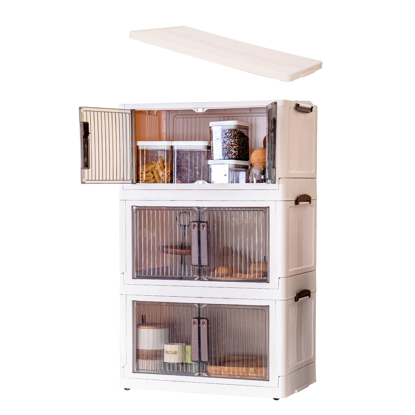 3 Pack 45Qt 11.25Gal Stackable & Foldable Storage Bins with Lids for Wardrobe Closet Organizers Storage Collapsible Plastic Storage Boxes Folding with Double Door Access for Home Office