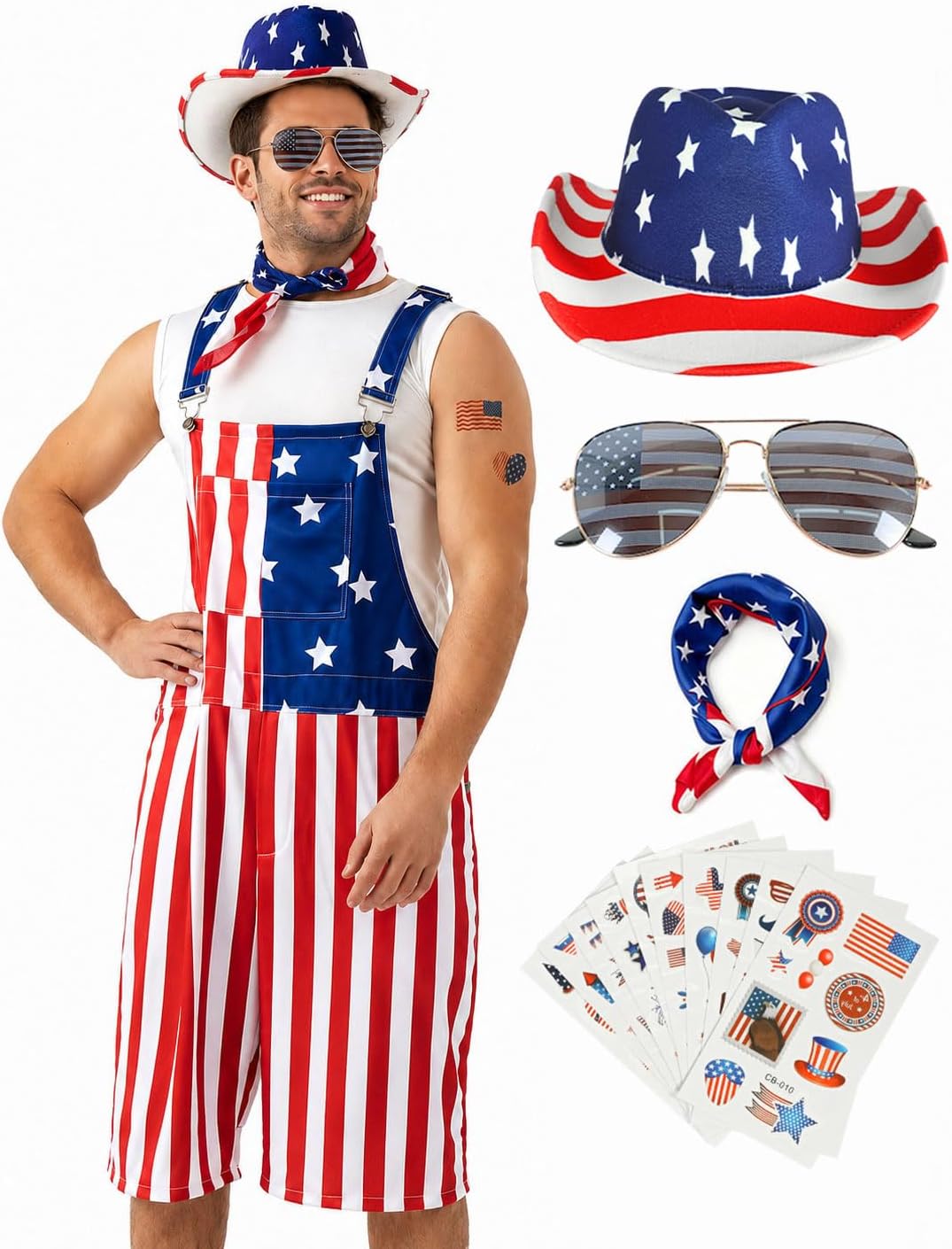 American Flag Overalls Men 14 Pcs 4th of July Bibs Patriotic Shorts Romper Outfit Independence Jumpsuit Costume